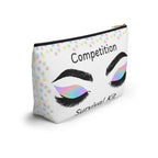 Cosmetic bag with eye makeup design and Competition Survival Kit text on a white background black zipper side view