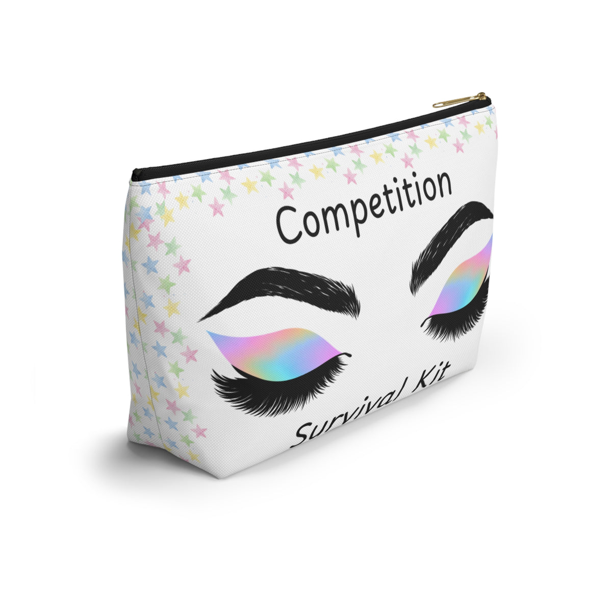 Cosmetic bag with eye makeup design and Competition Survival Kit text on a white background black zipper side view