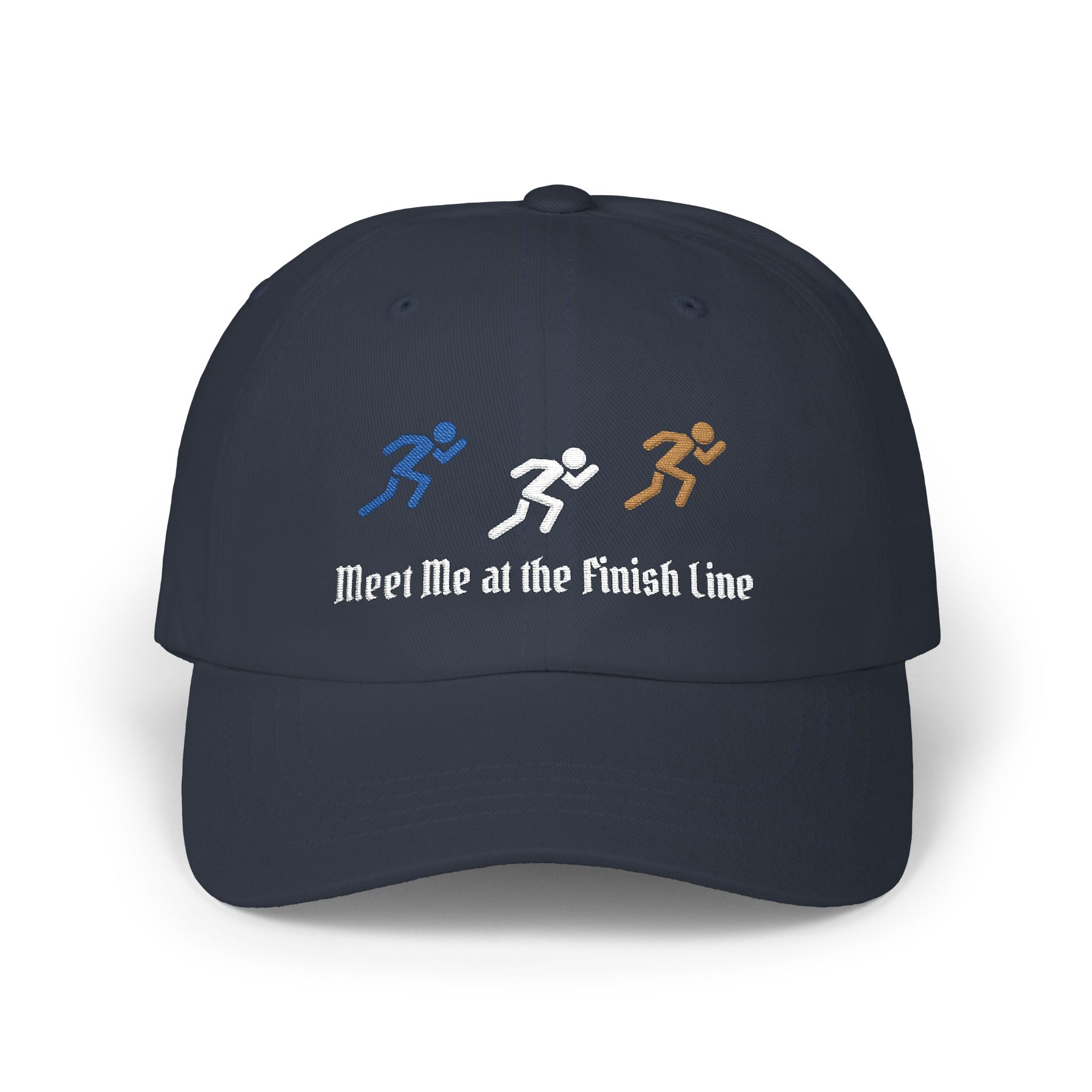 Navy embroidered classic dad cap hat with a Meet Me at the Finish Line text and graphic Front view