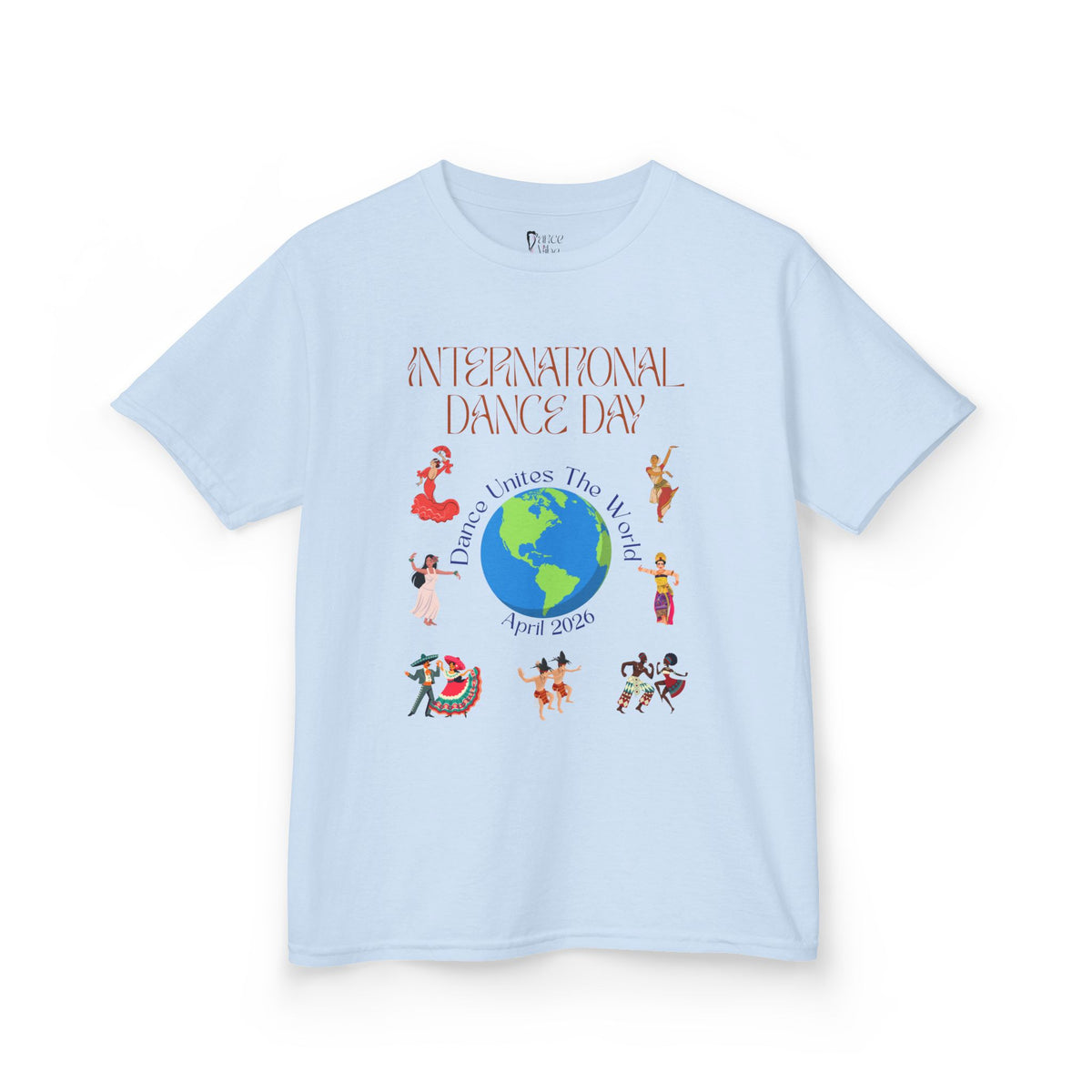 Front view of a youth Gildan 5000B heavy cotton t-shirt in light blue with an International Dance Day theme 