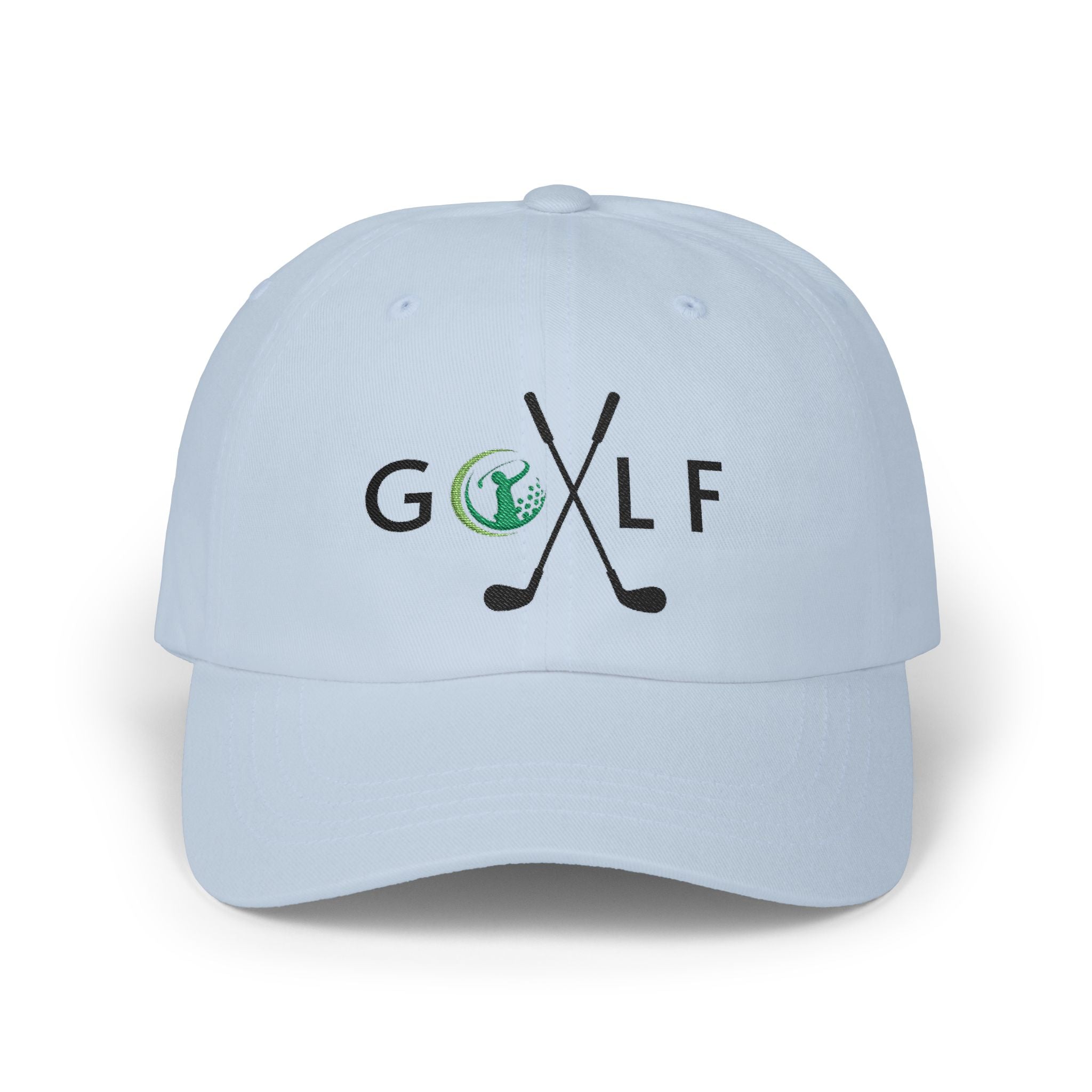 Light blue embroidered classic dad cap hat with a Golf text and graphic Front view