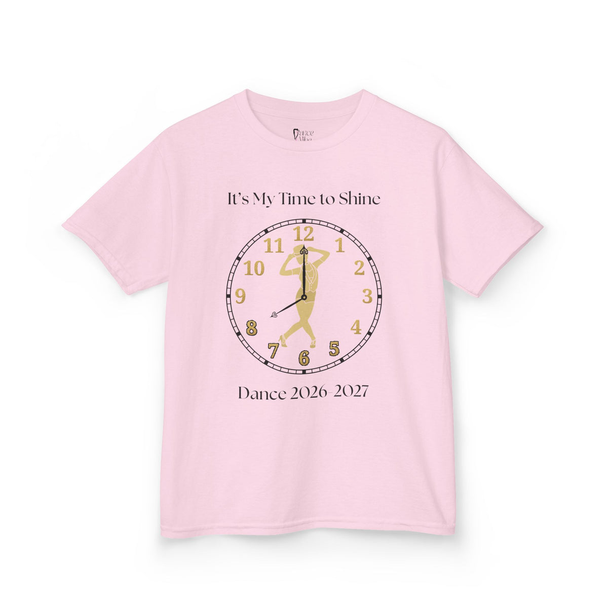 Front view of a youth Gildan 5000B heavy cotton t-shirt in light pink with a Female Broadway Dancer 2026-2027 design