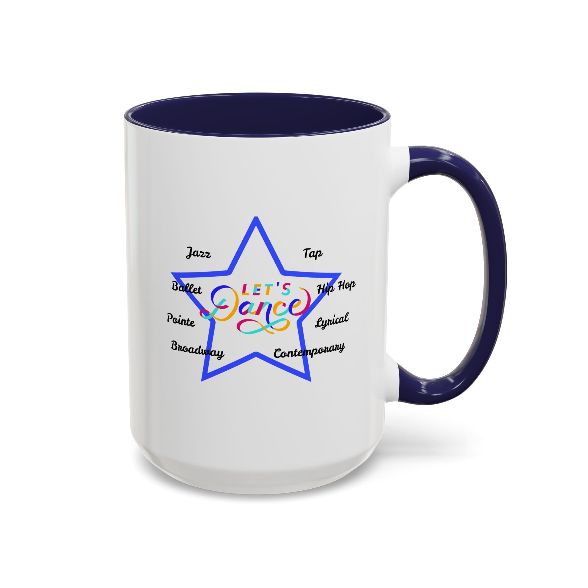 15oz white ceramic Let's Dance mug with navy handle and interior Right handed view