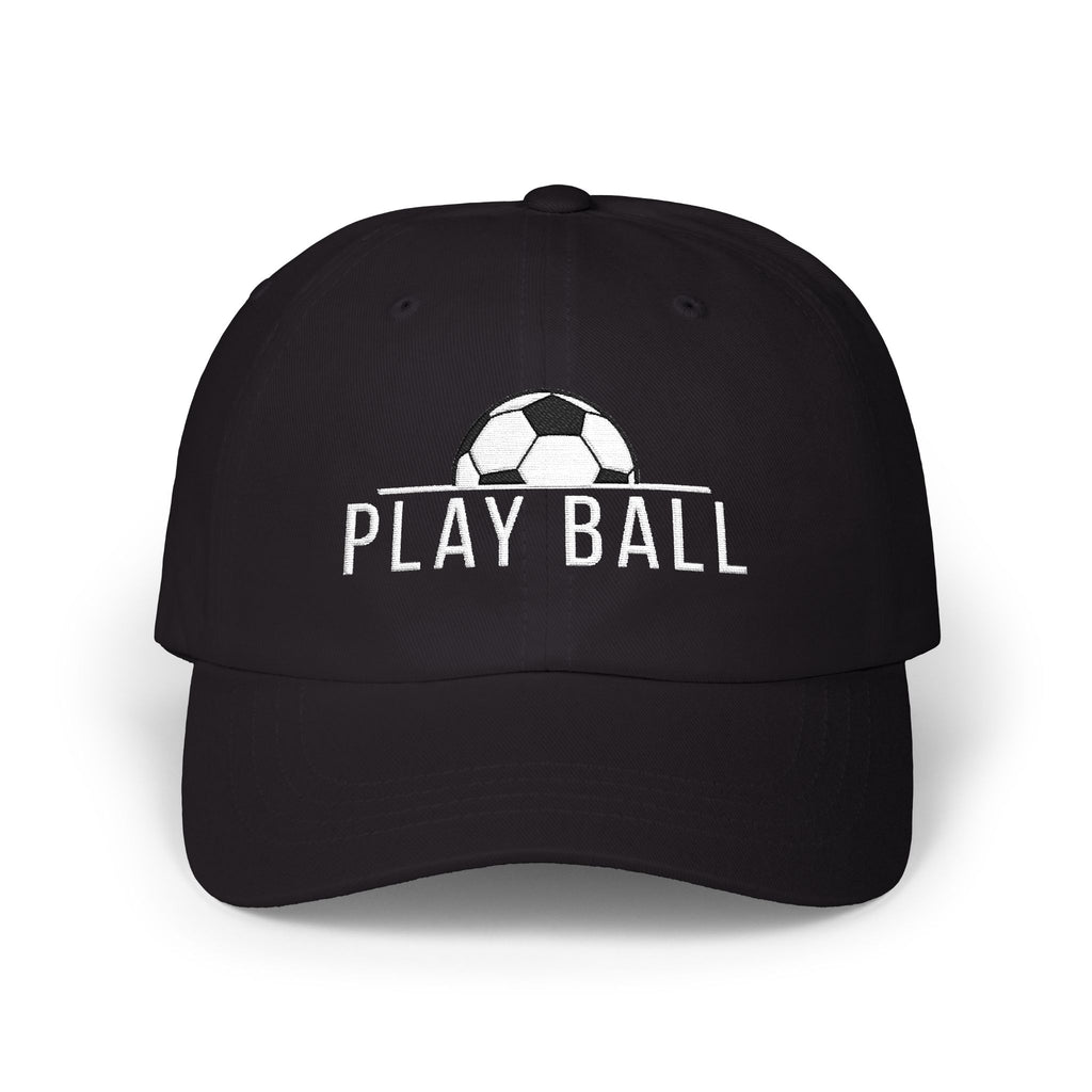 A black baseball cap featuring a white embroidered soccer ball graphic and the text PLAY BALL on the front.