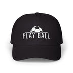 A black baseball cap featuring a white embroidered soccer ball graphic and the text PLAY BALL on the front.