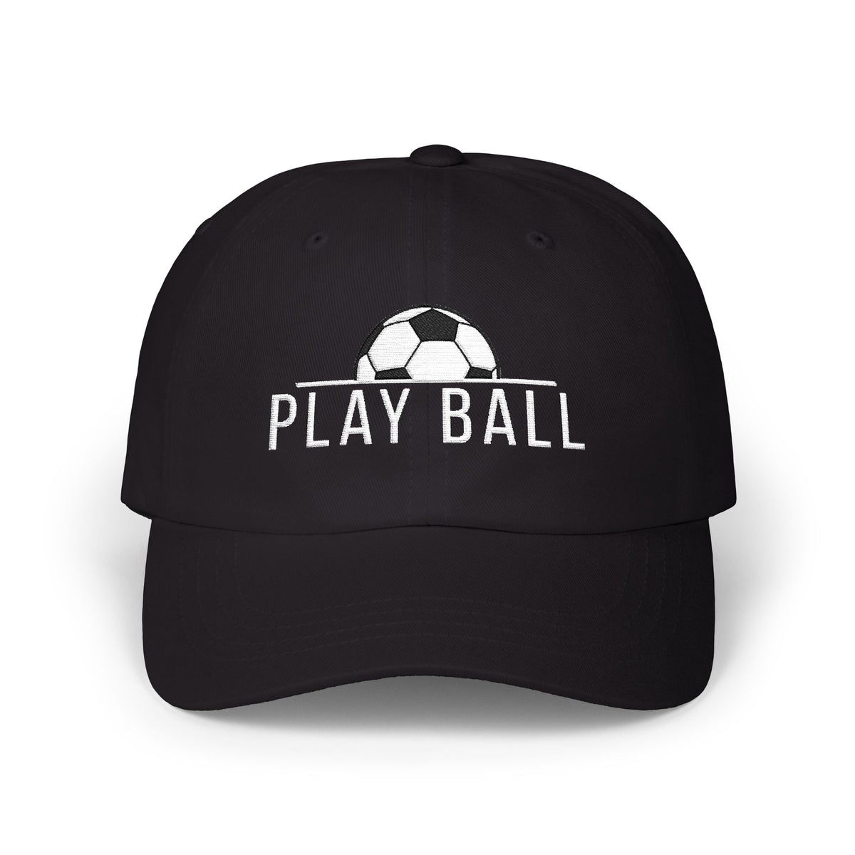 A black baseball cap featuring a white embroidered soccer ball graphic and the text PLAY BALL on the front.