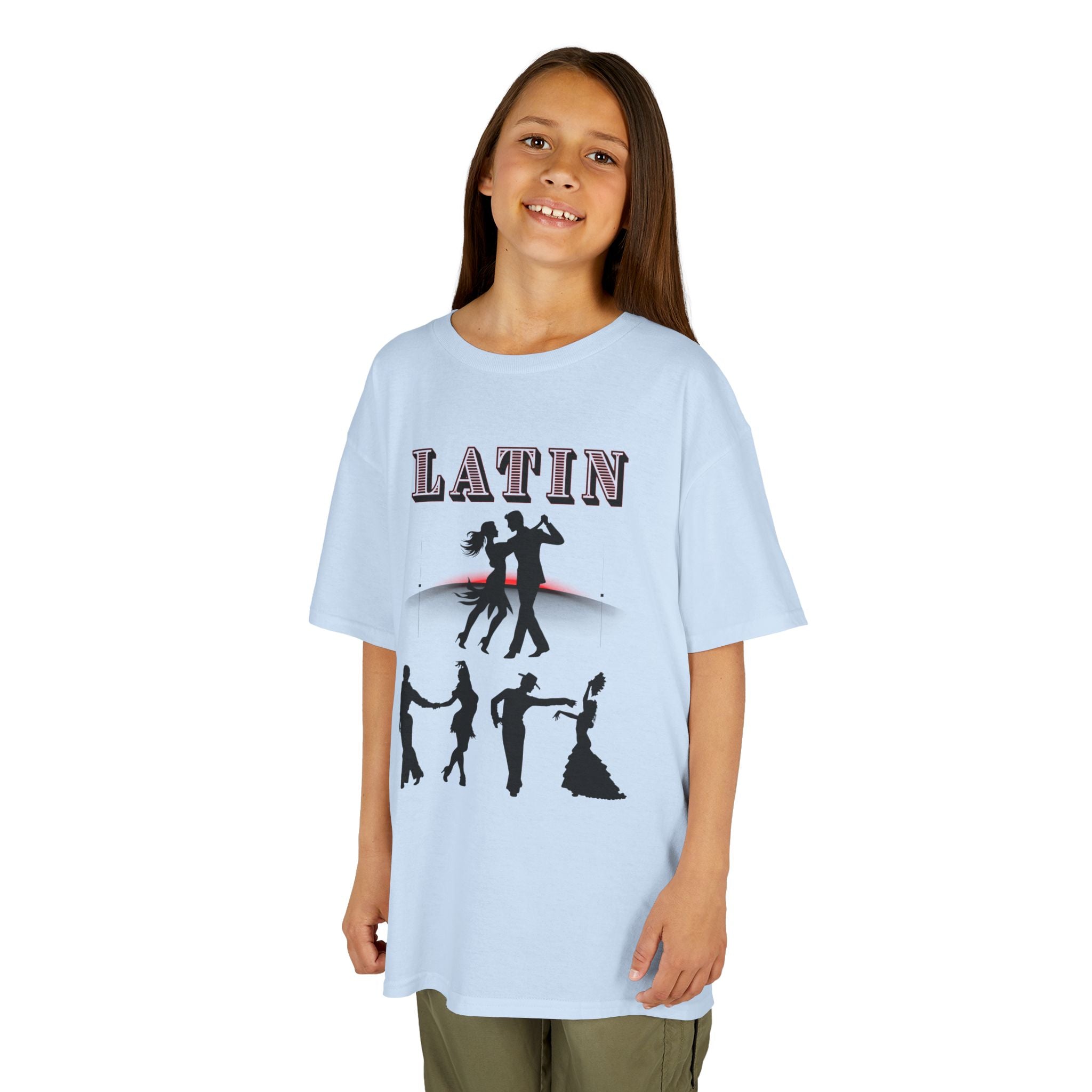 Young girl wearing a youth Gildan 5000B heavy cotton t-shirt in light blue with a Latin Dance Couples theme