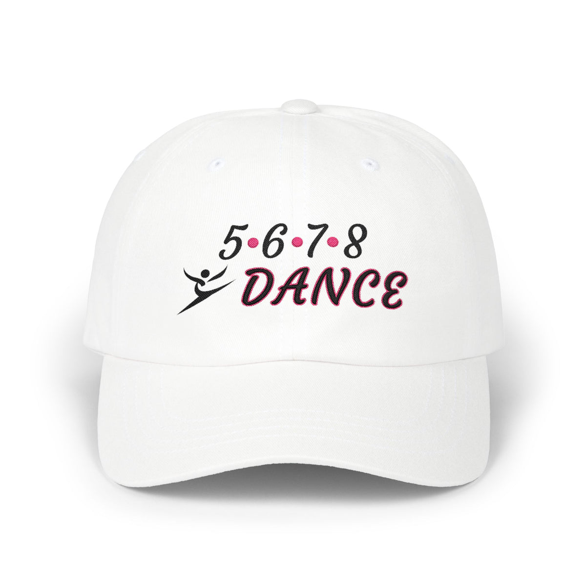 White embroidered classic dad cap hat with a 5 6 7 8 Dance text and graphic Front view