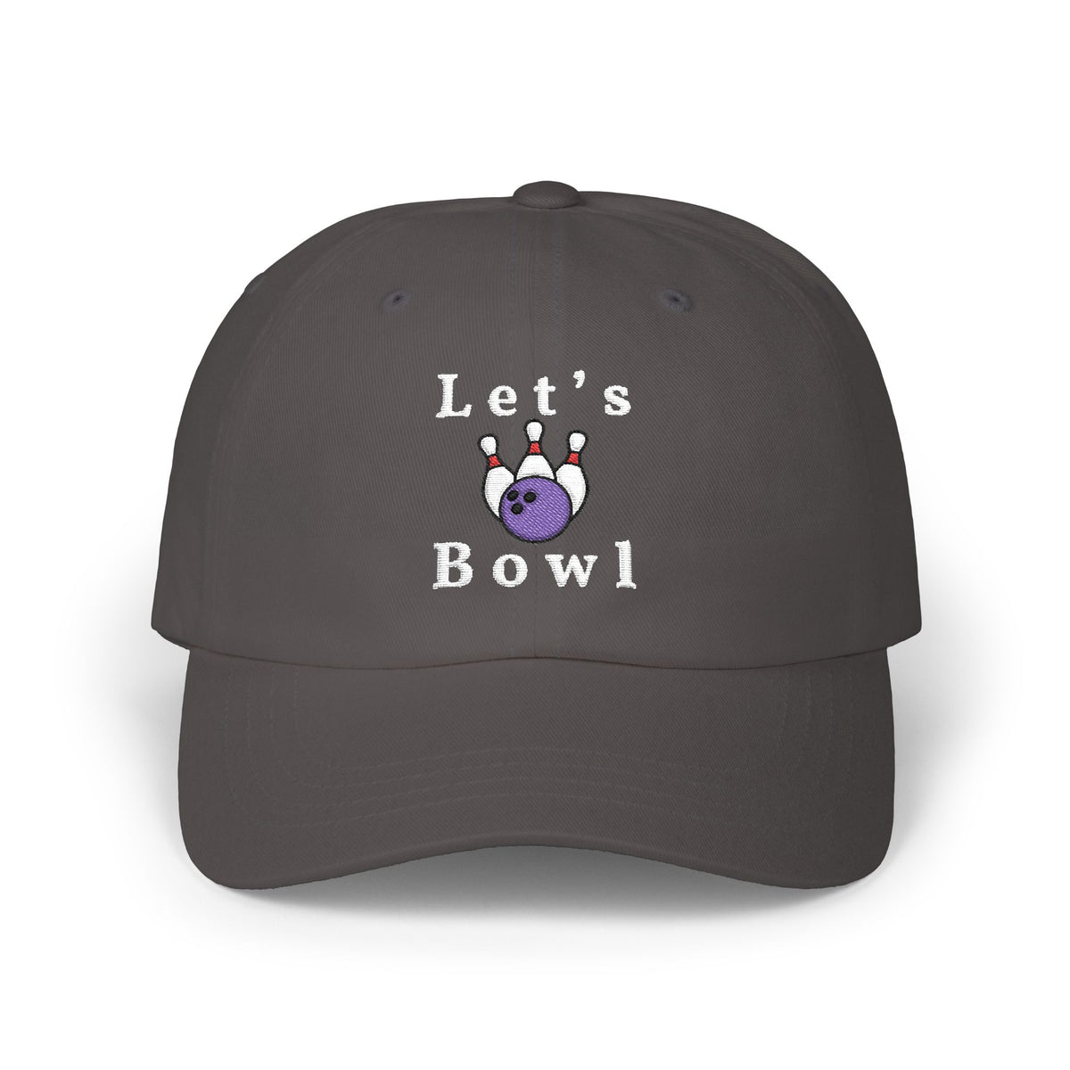 Dark grey cap with an embroidered Let's Bowl text and graphic.