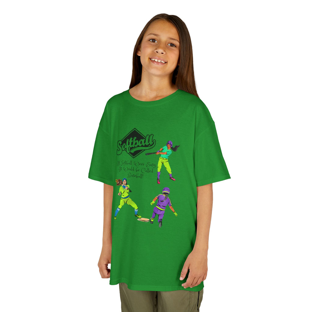 Young girl wearing a youth Gildan 5000B heavy cotton t-shirt in irish green with a Softball text and graphic