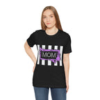 Woman wearing a Beetlejuice inspired Halloween MOM shirt in black.