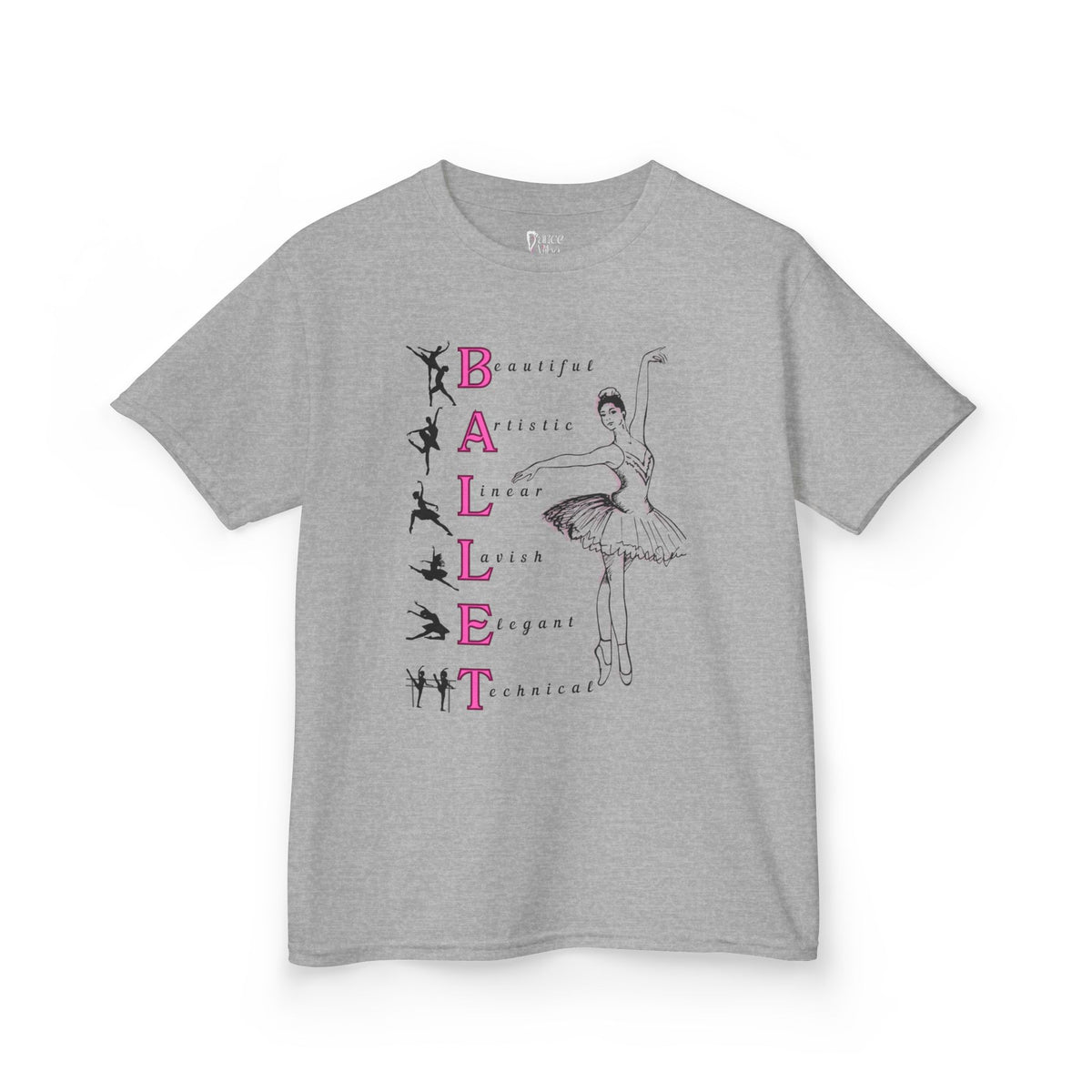 Front view of a youth Gildan 5000B heavy cotton t-shirt in sport grey with a Ballet Pointe theme