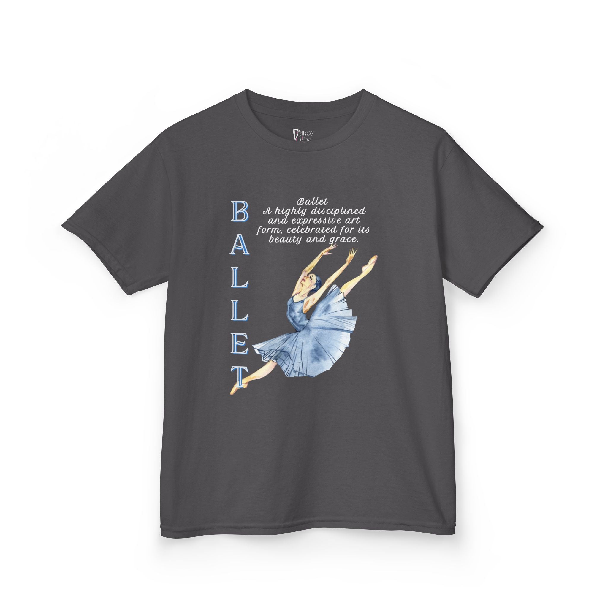 Front view of a youth Gildan 5000B heavy cotton t-shirt in charcoal with a Ballet text and graphic