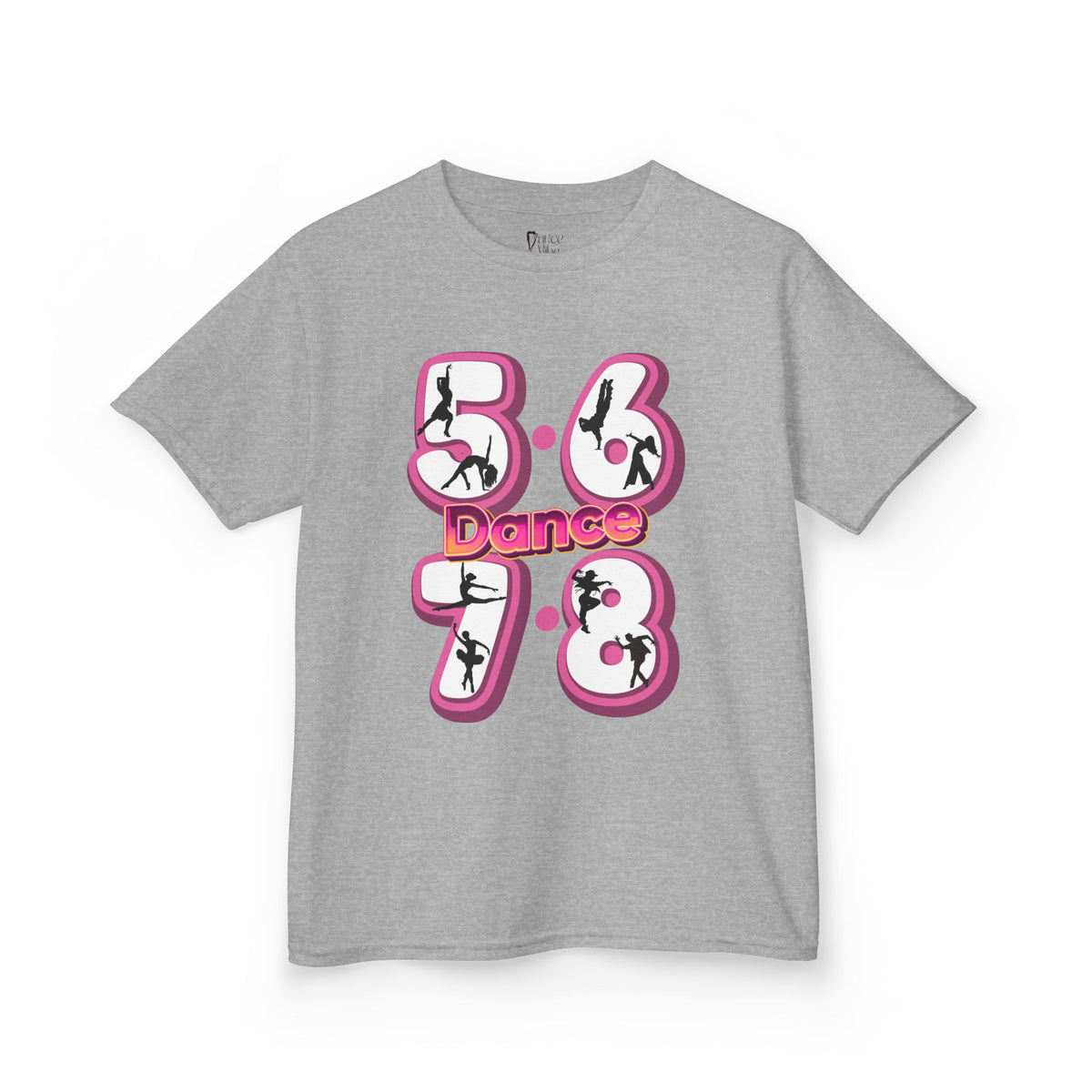 Front view of a youth Gildan 5000B heavy cotton t-shirt in sport grey with a 5678 Dance text and graphic