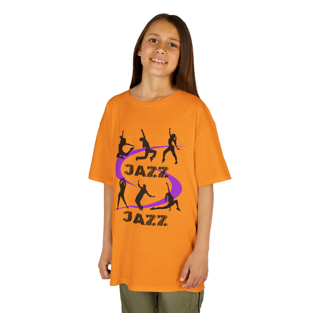 Young girl wearing a youth Gildan 5000B heavy cotton t-shirt in tennessee orange with a Jazz Dance text and graphic