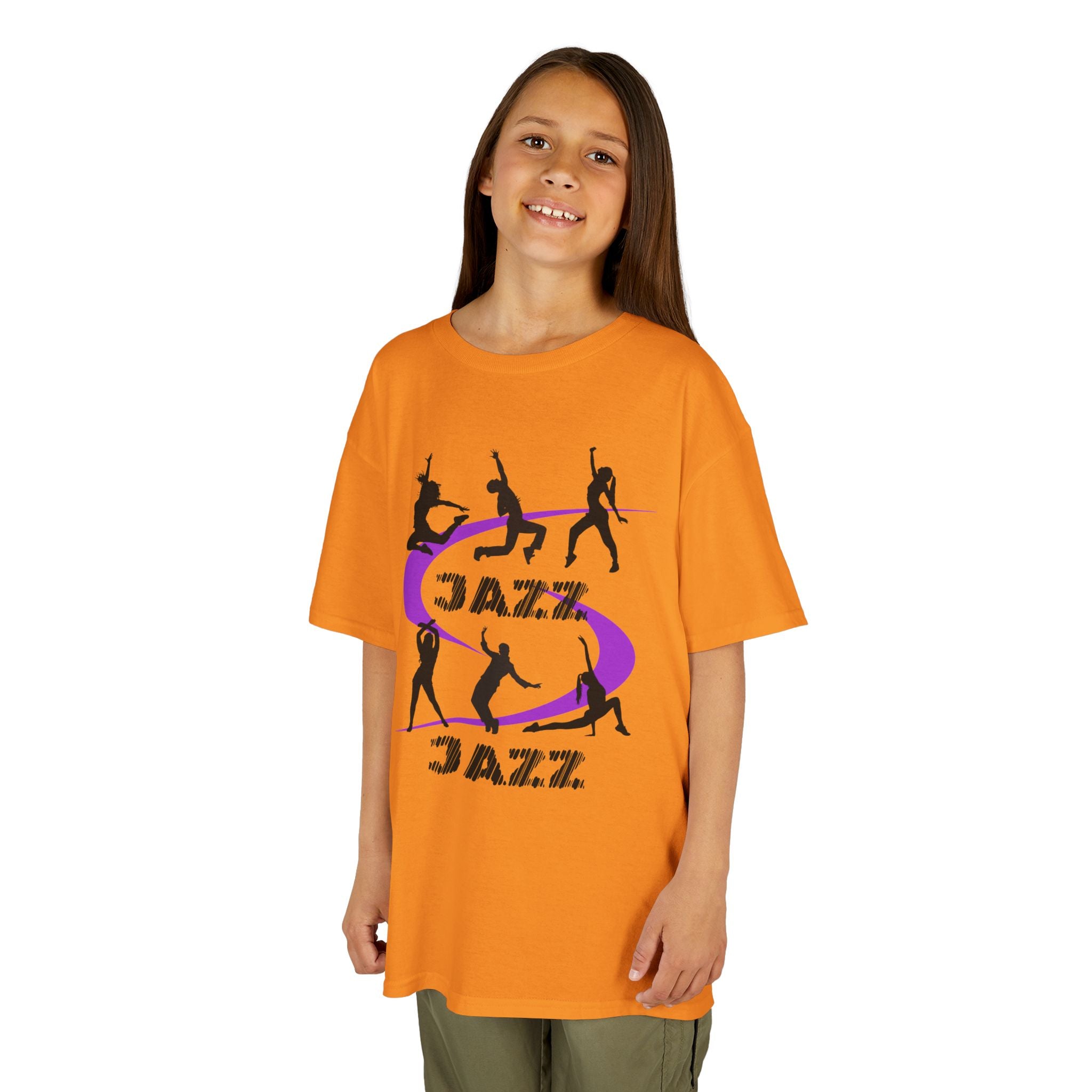 Young girl wearing a youth Gildan 5000B heavy cotton t-shirt in tennessee orange with a Jazz Dance text and graphic