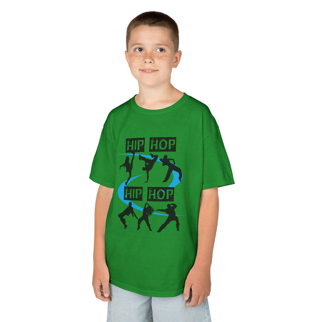 Young boy wearing a youth Gildan 5000B heavy cotton t-shirt in irish green with a Hip Hop text and dancers