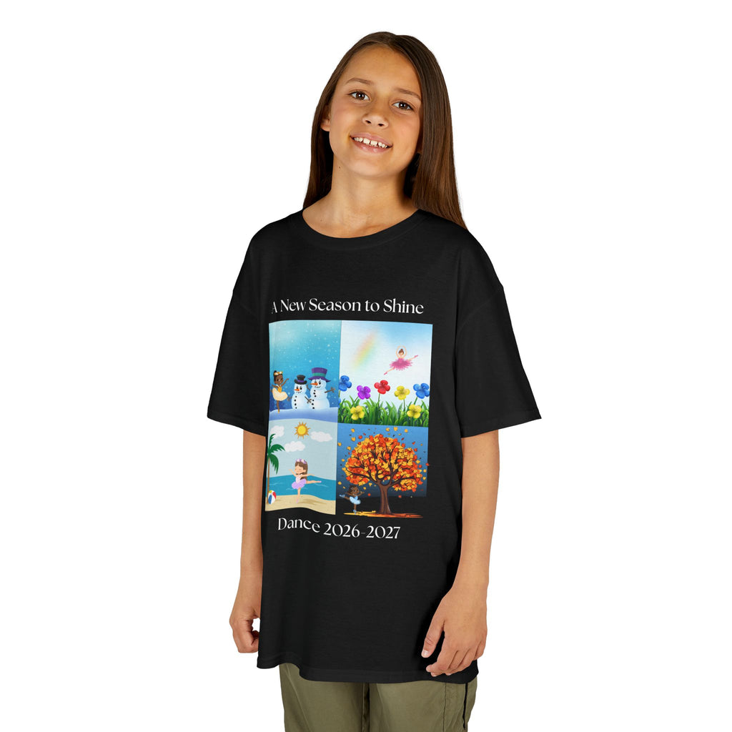 Young girl wearing a youth Gildan 5000B heavy cotton t-shirt in black with an A New Season to Shine Dance 2026-2027 theme
