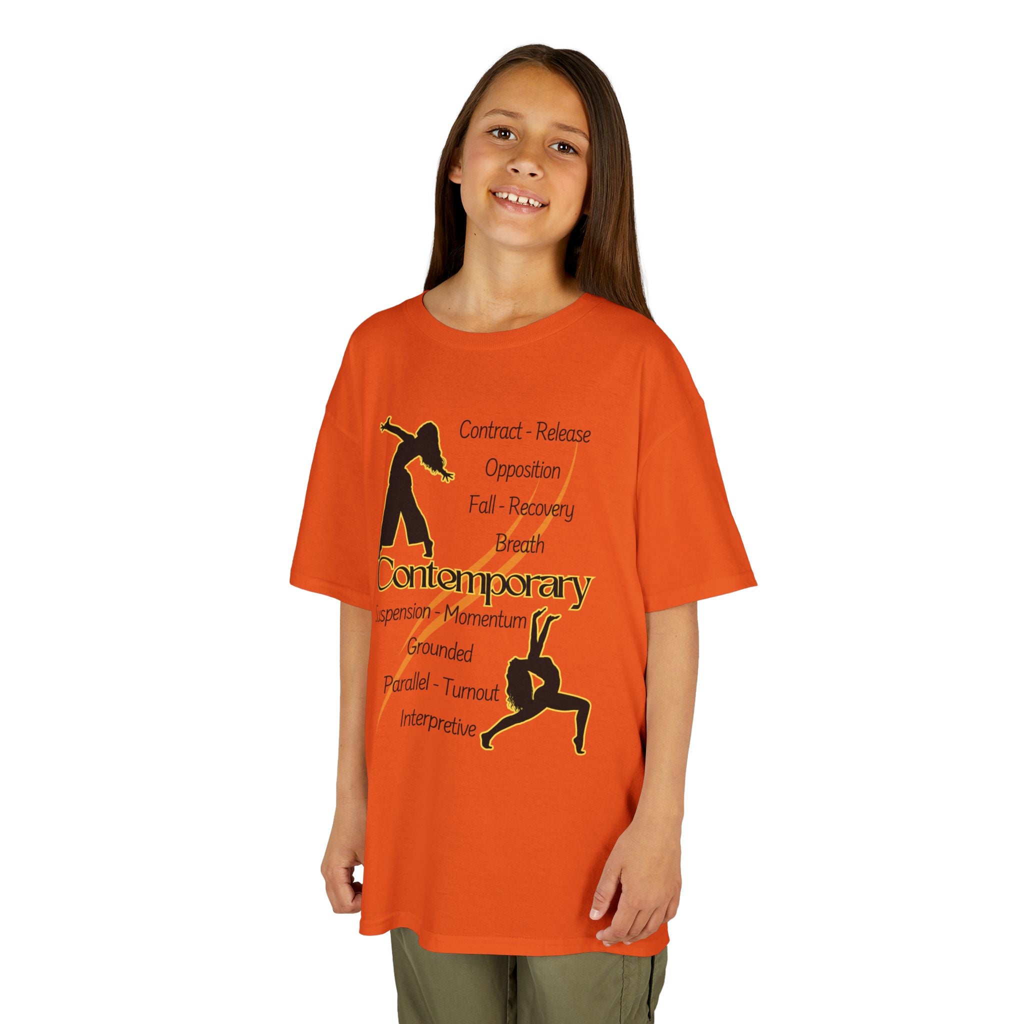 Young girl wearing a youth Gildan 5000B heavy cotton t-shirt in orange featuring Contemporary Dancers with text