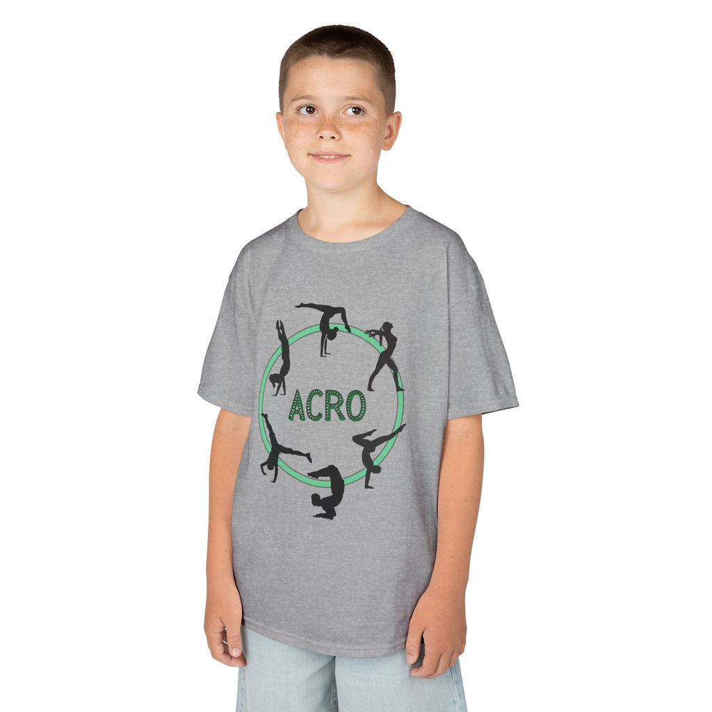 Young boy wearing a youth Gildan 5000B heavy cotton t-shirt in sport grey with an Acro Gymnastics theme
