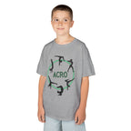 Young boy wearing a youth Gildan 5000B heavy cotton t-shirt in sport grey with an Acro Gymnastics theme