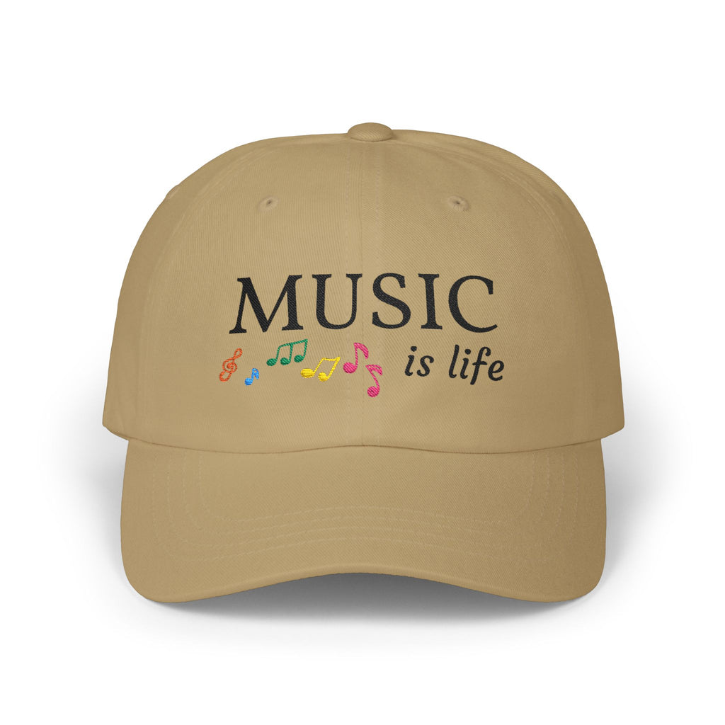 Khaki embroidered classic dad cap hat with a Music is Life text and graphic Front view