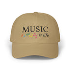 Khaki embroidered classic dad cap hat with a Music is Life text and graphic Front view