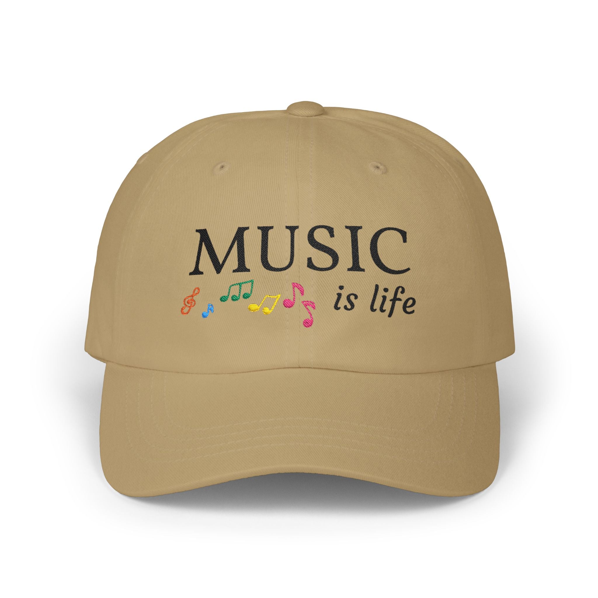 Khaki embroidered classic dad cap hat with a Music is Life text and graphic Front view