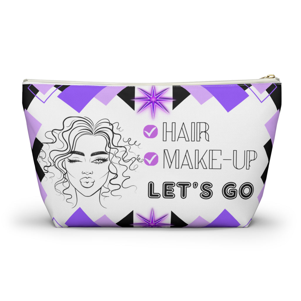 Hair Make up Let's go themed travel pouch with geometric design and face illustration on a white background with white zipper
