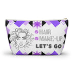 Hair Make up Let's go themed travel pouch with geometric design and face illustration on a white background with white zipper
