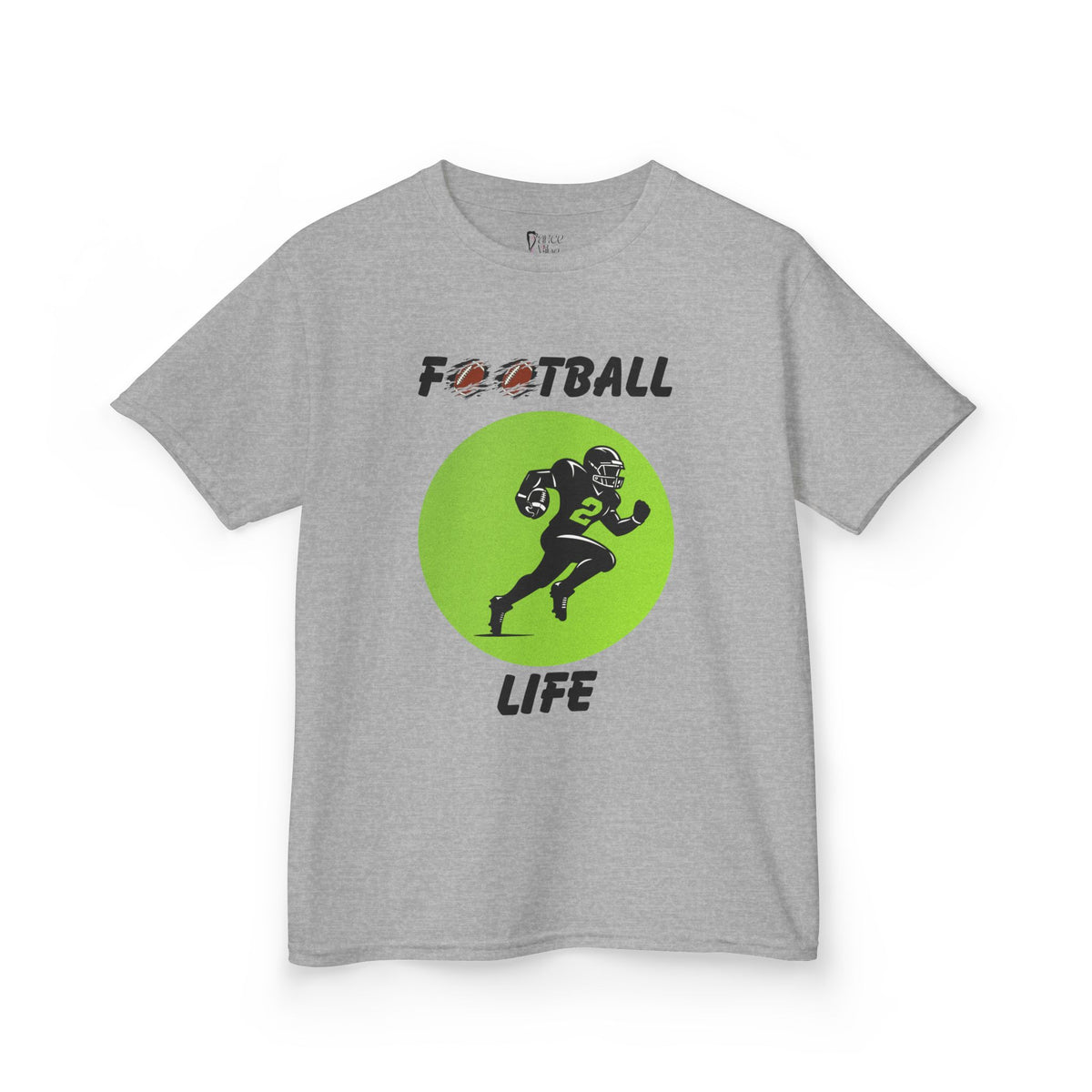 Front view of a youth Gildan 5000B heavy cotton t-shirt in sport grey with a Football Life text and graphic