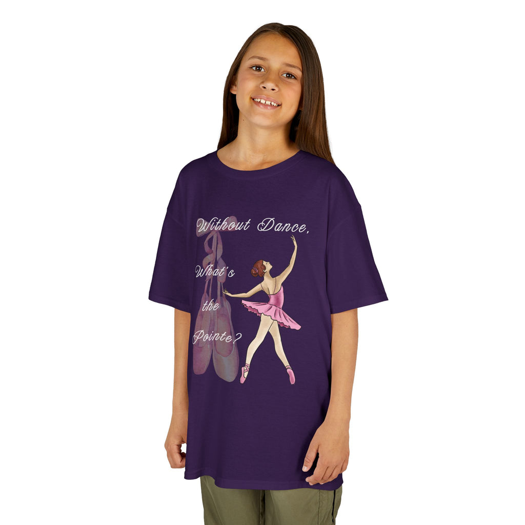 Young girl wearing a youth Gildan 5000B heavy cotton t-shirt in purple with a Without Dance What's the Pointe design and graphic