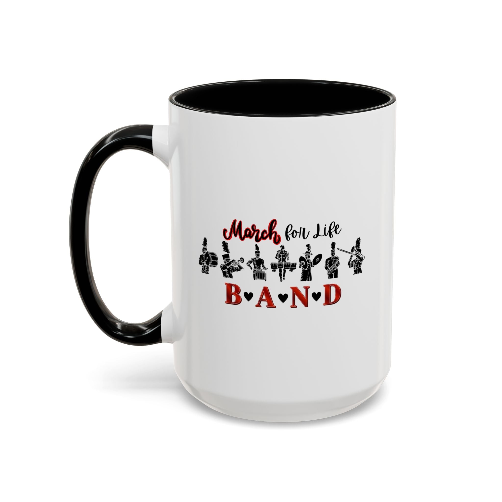 15oz white ceramic Marching Band mug with black handle and interior Left handed view
