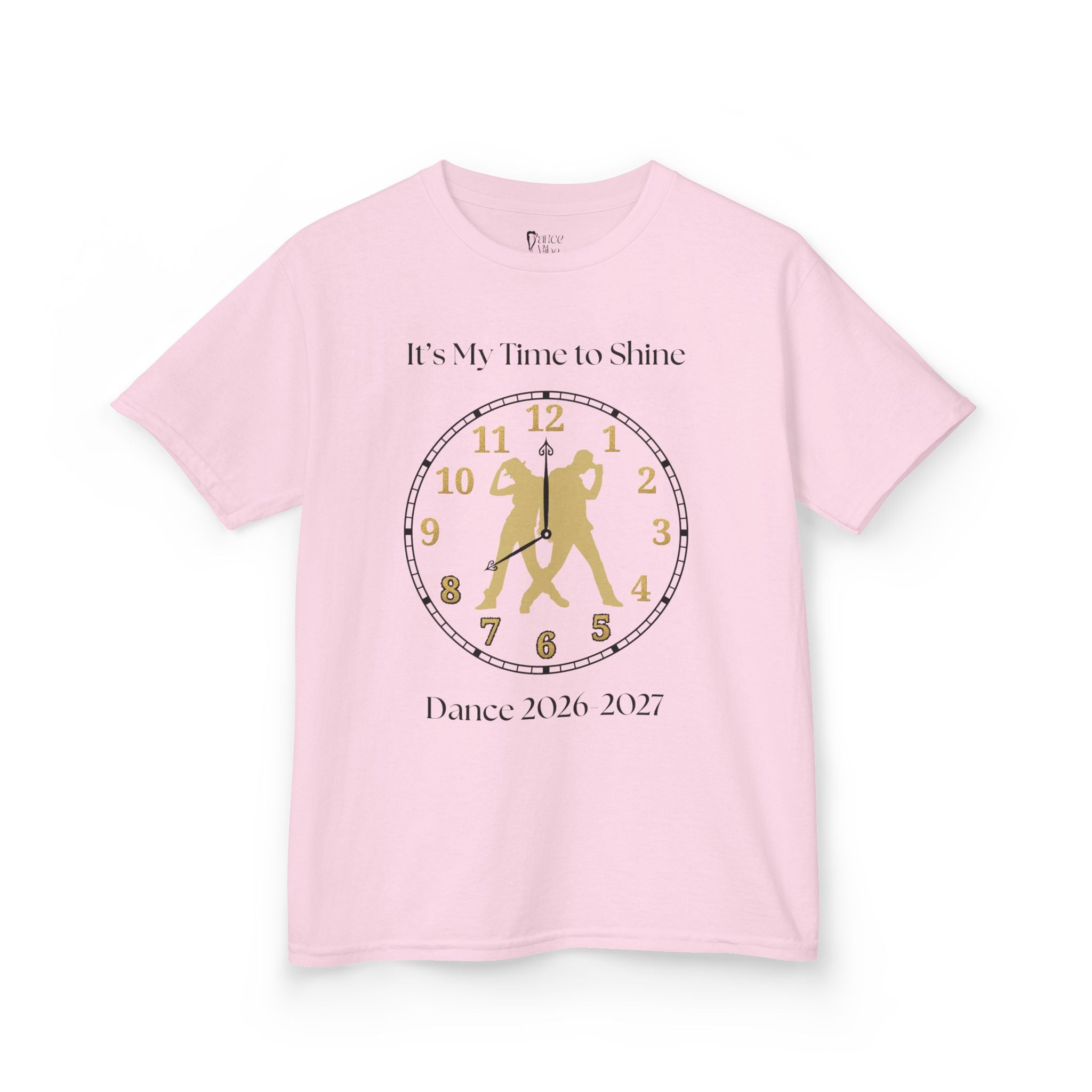 Front view of a youth Gildan 5000B heavy cotton t-shirt in light pink with an It's My Time to Shine Hip Hop 2026-2027 theme