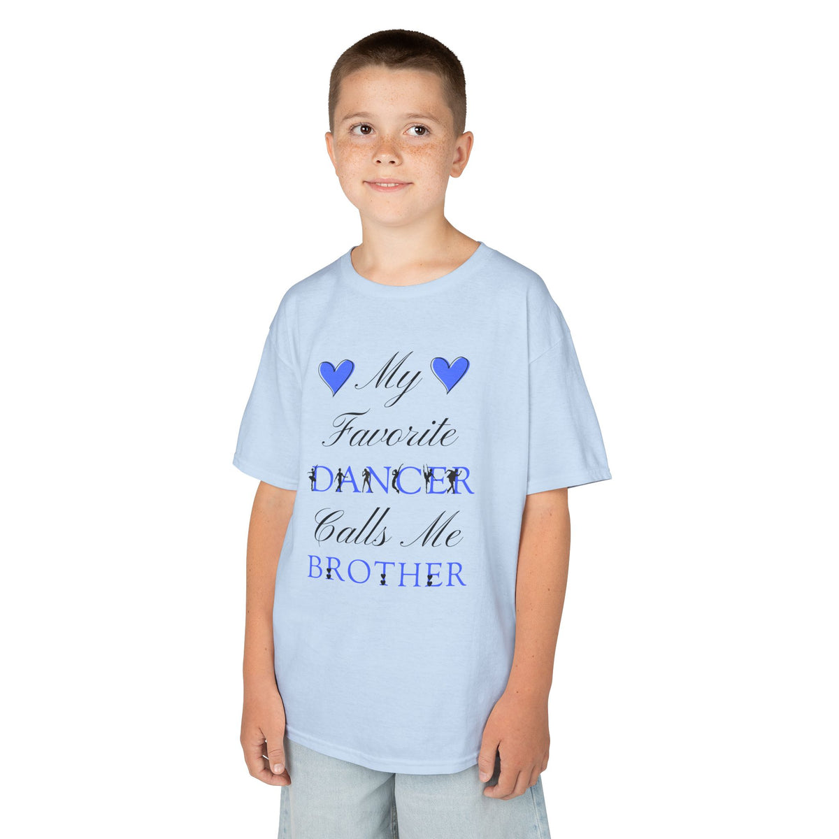 A young boy wearing a light blue t-shirt with a graphic that reads My Favorite Dancer Calls Me Brother.