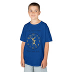 Young boy wearing a youth Gildan 5000B heavy cotton t-shirt in royal with a Ballet Couple 2026-2027 design