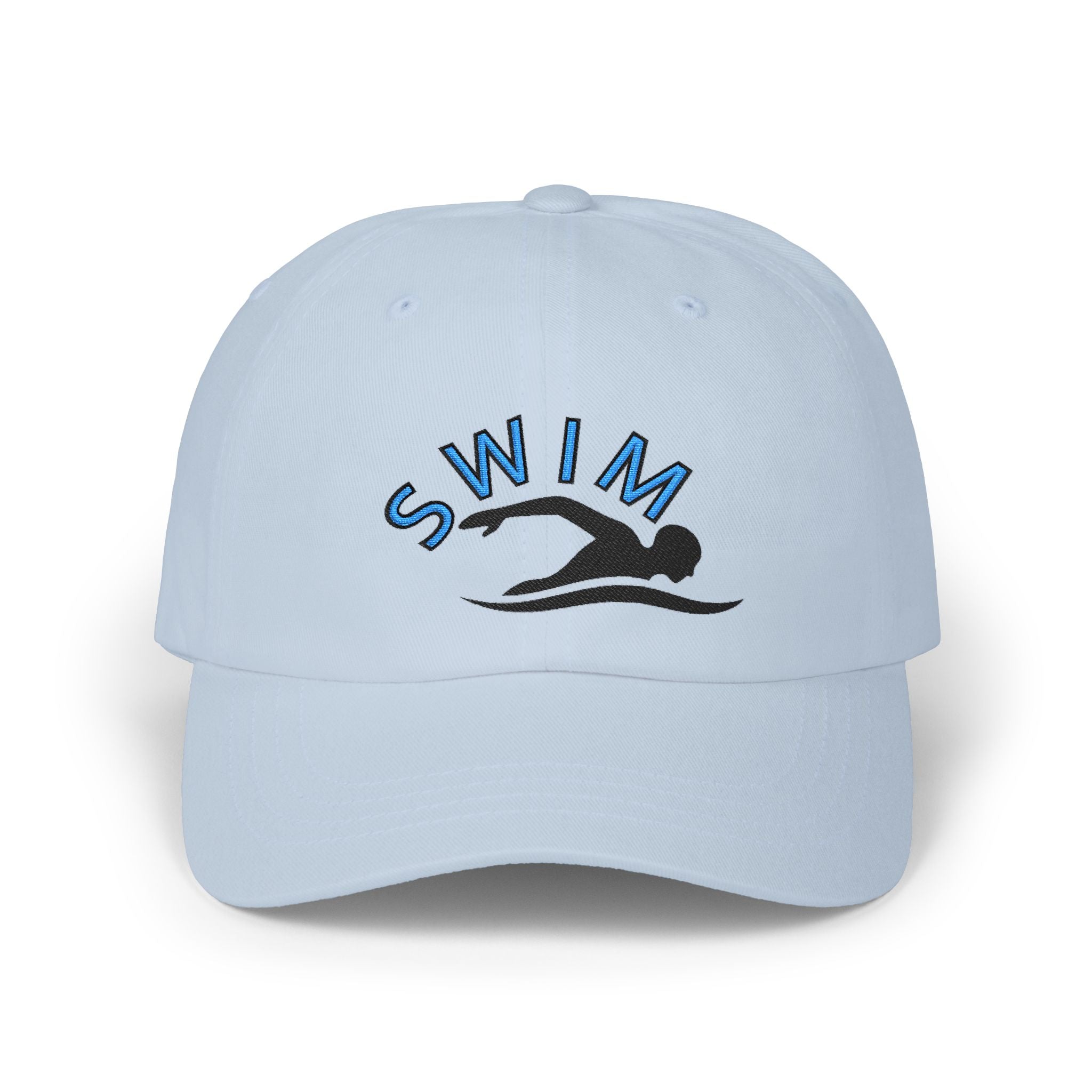 Light blue embroidered classic dad cap hat with a Swim text and graphic Front view