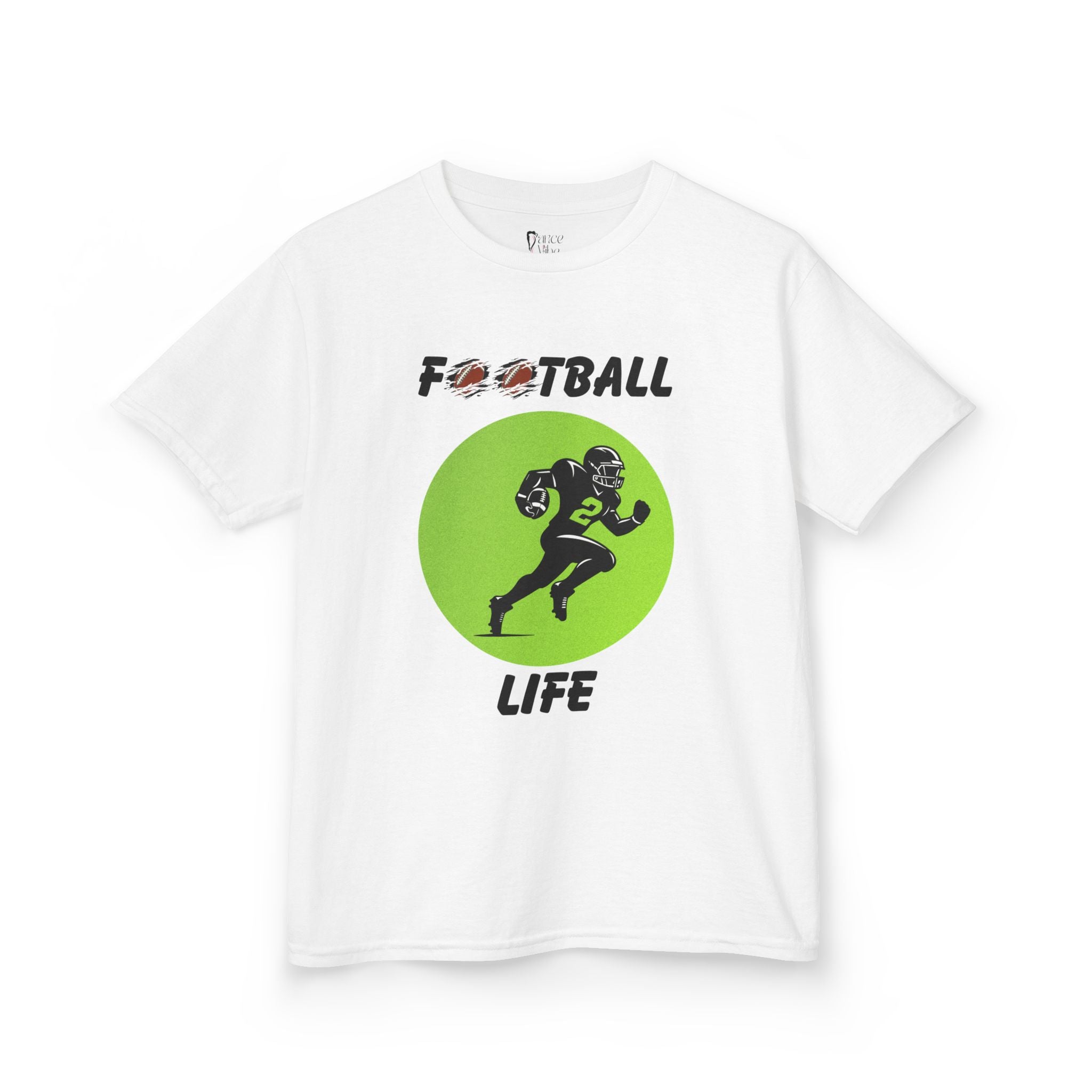 Front view of a youth Gildan 5000B heavy cotton t-shirt in white with a Football Life text and graphic