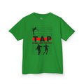 Front view of a youth Gildan 5000B heavy cotton t-shirt in irish green with a Tap text and design
