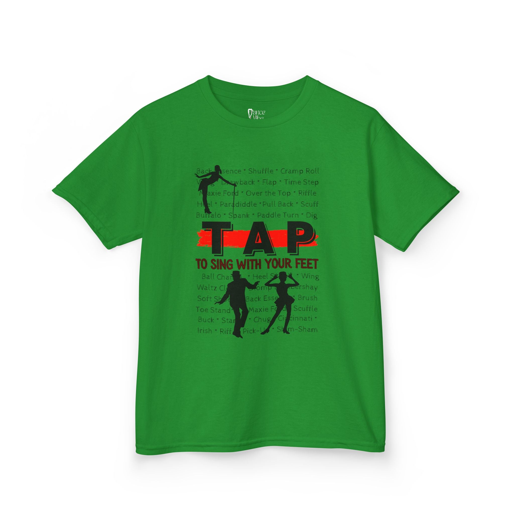 Front view of a youth Gildan 5000B heavy cotton t-shirt in irish green with a Tap text and design