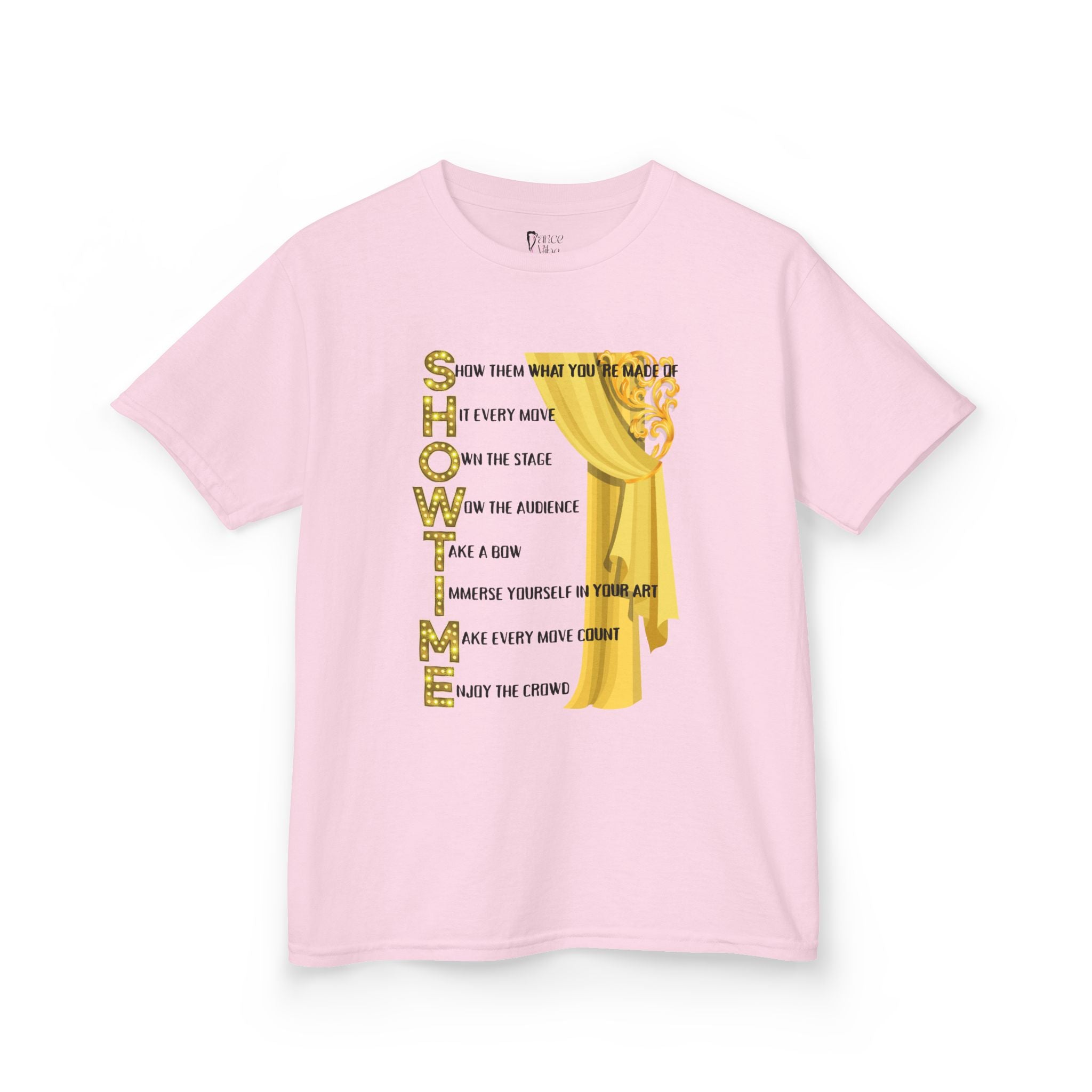 Front view of a youth Gildan 5000B heavy cotton t-shirt in light pink with a Showtime text and graphic 