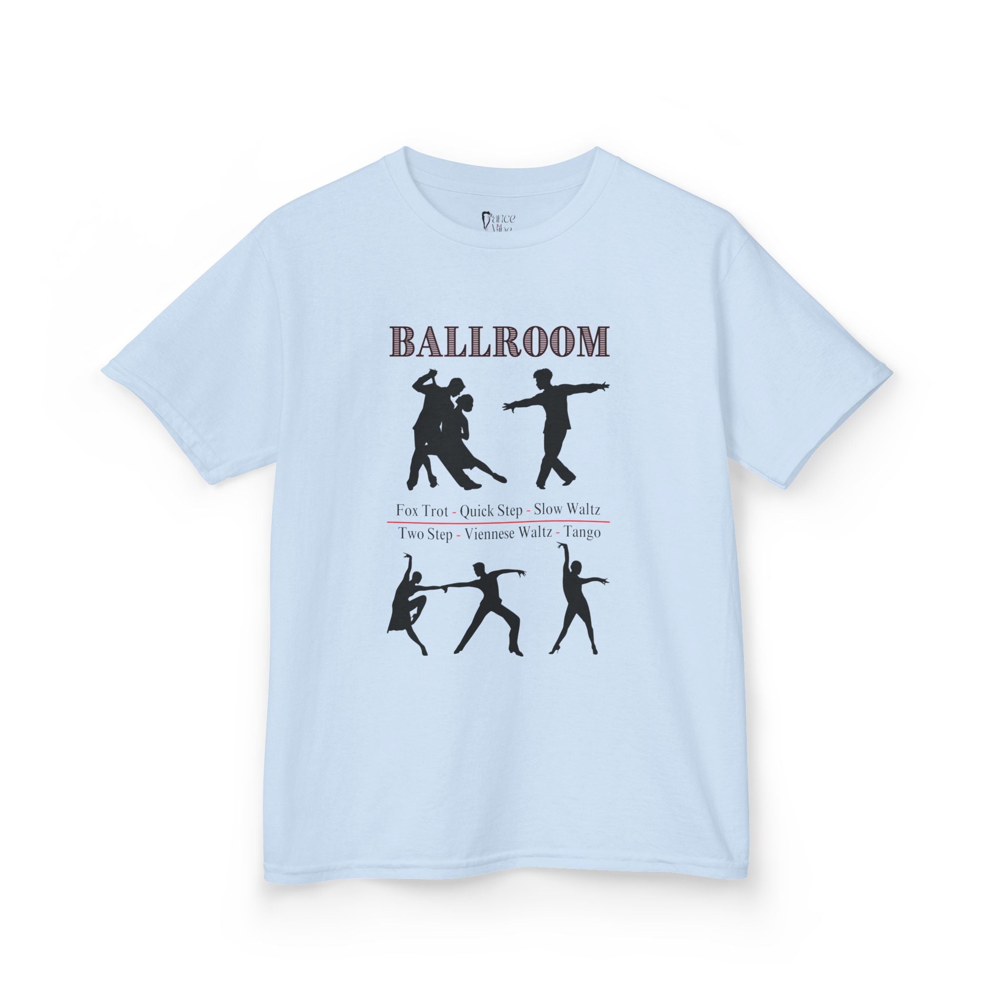 Front view of a youth Gildan 5000B heavy cotton t-shirt in light blue with a Ballroom Dance Style theme