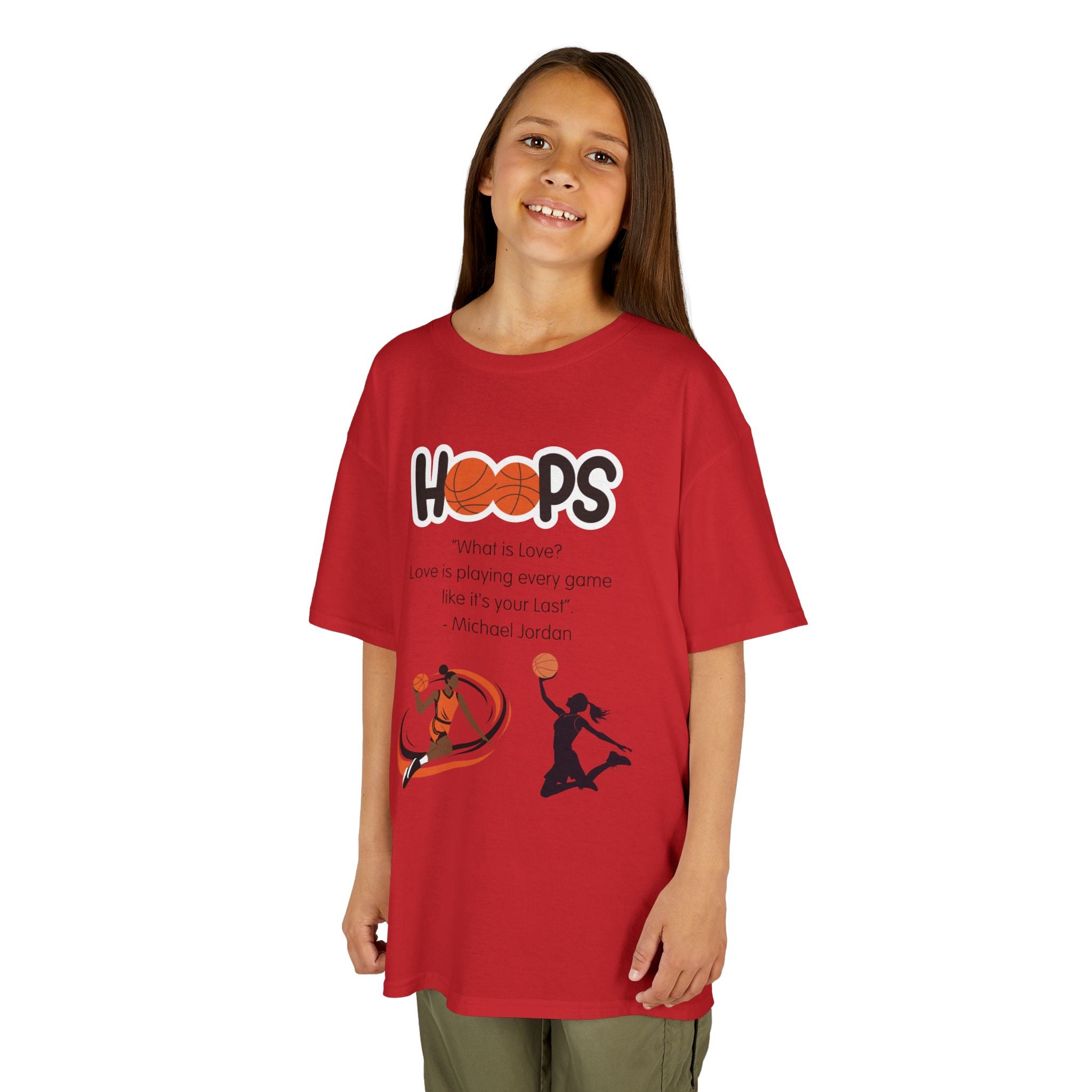 Young girl wearing a youth Gildan 5000B heavy cotton t-shirt in red featuring a Girls Basketball design