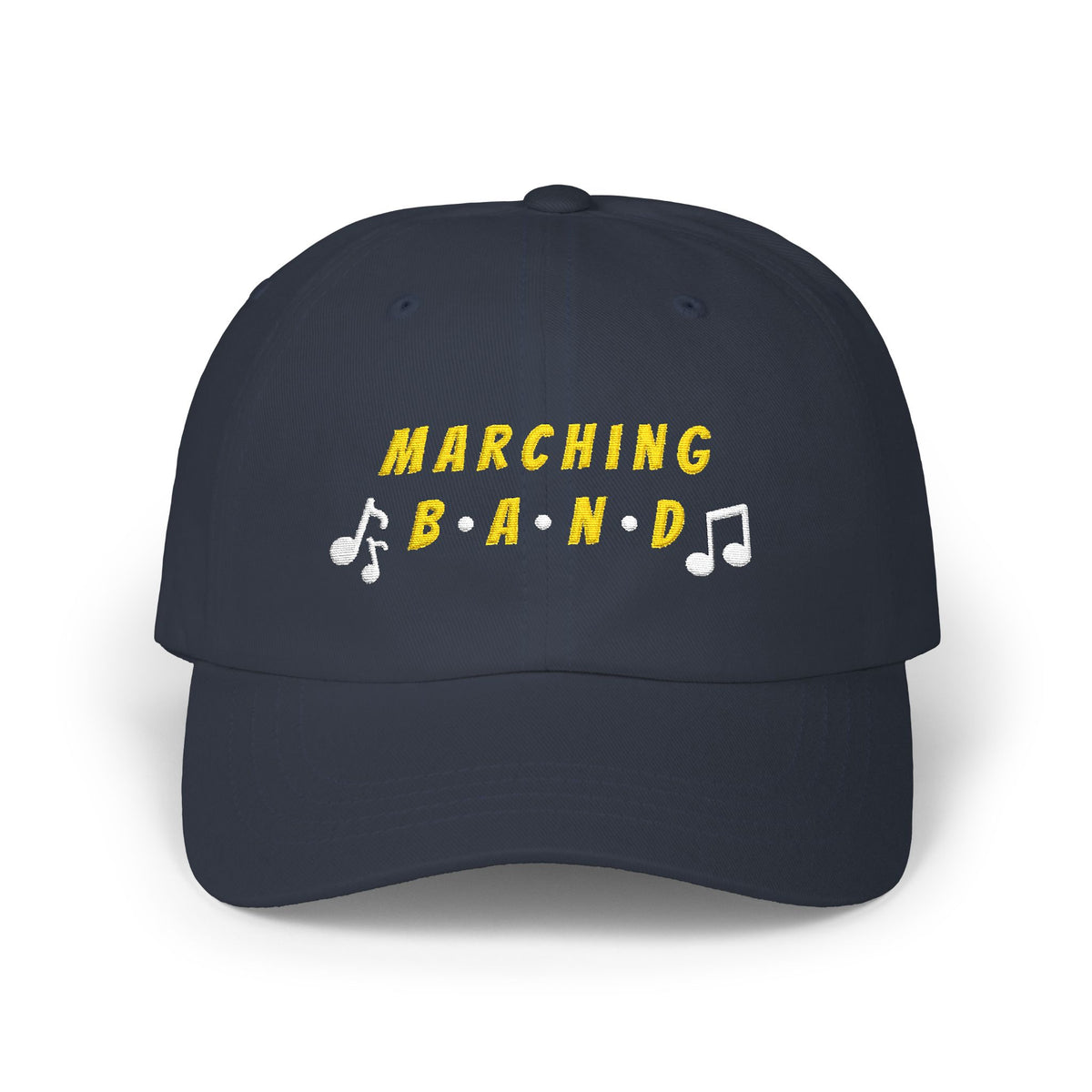 Navy cap with MARCHING BAND text and musical notes.