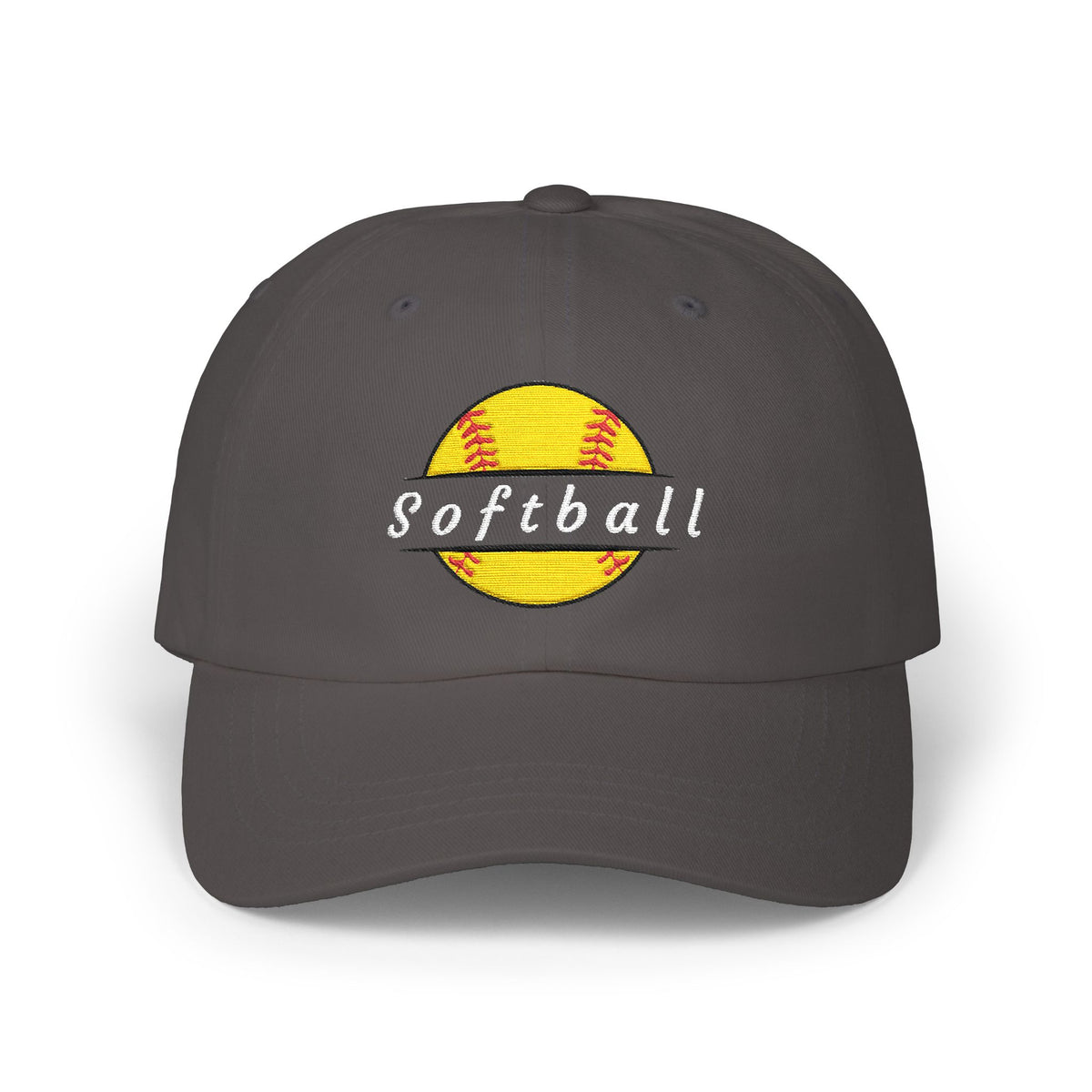 Dark grey cap with an embroidered yellow softball graphic and text.