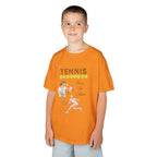 Young boy wearing a youth Gildan 5000B heavy cotton t-shirt in tennessee orange with a Tennis text and graphic