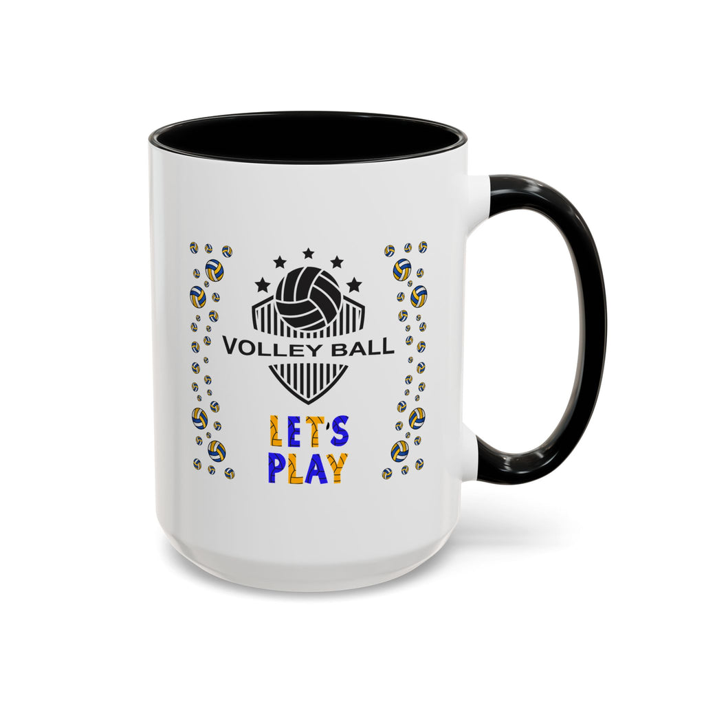 15oz white ceramic Volleyball mug with black handle and interior Right handed view