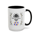 15oz white ceramic Volleyball mug with black handle and interior Right handed view
