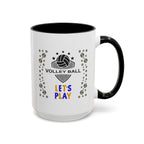 15oz white ceramic Volleyball mug with black handle and interior Right handed view