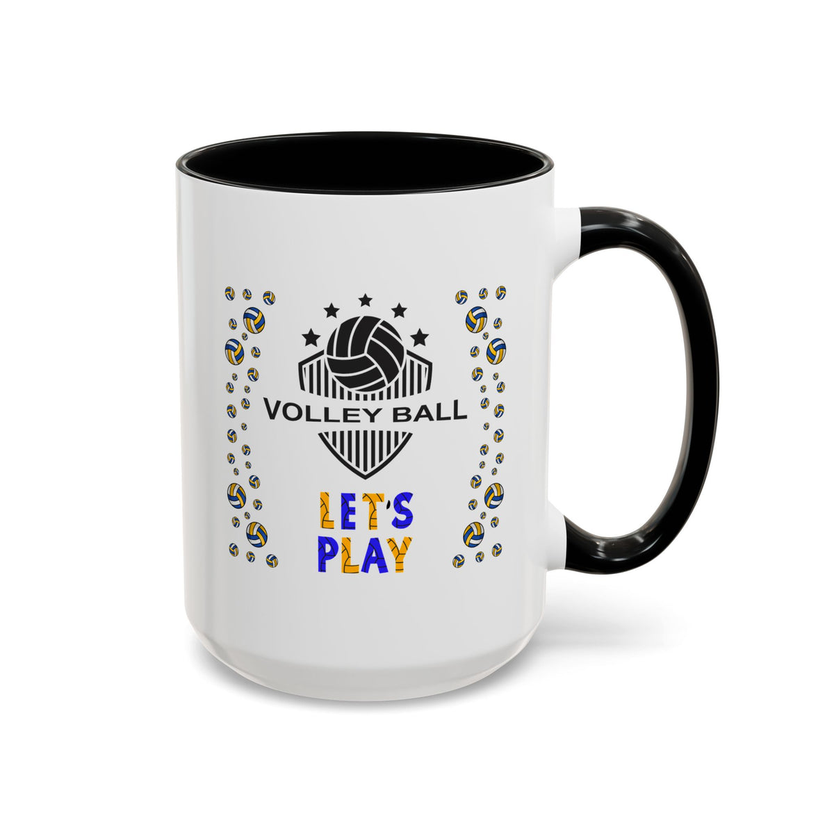 15oz white ceramic Volleyball mug with black handle and interior Right handed view